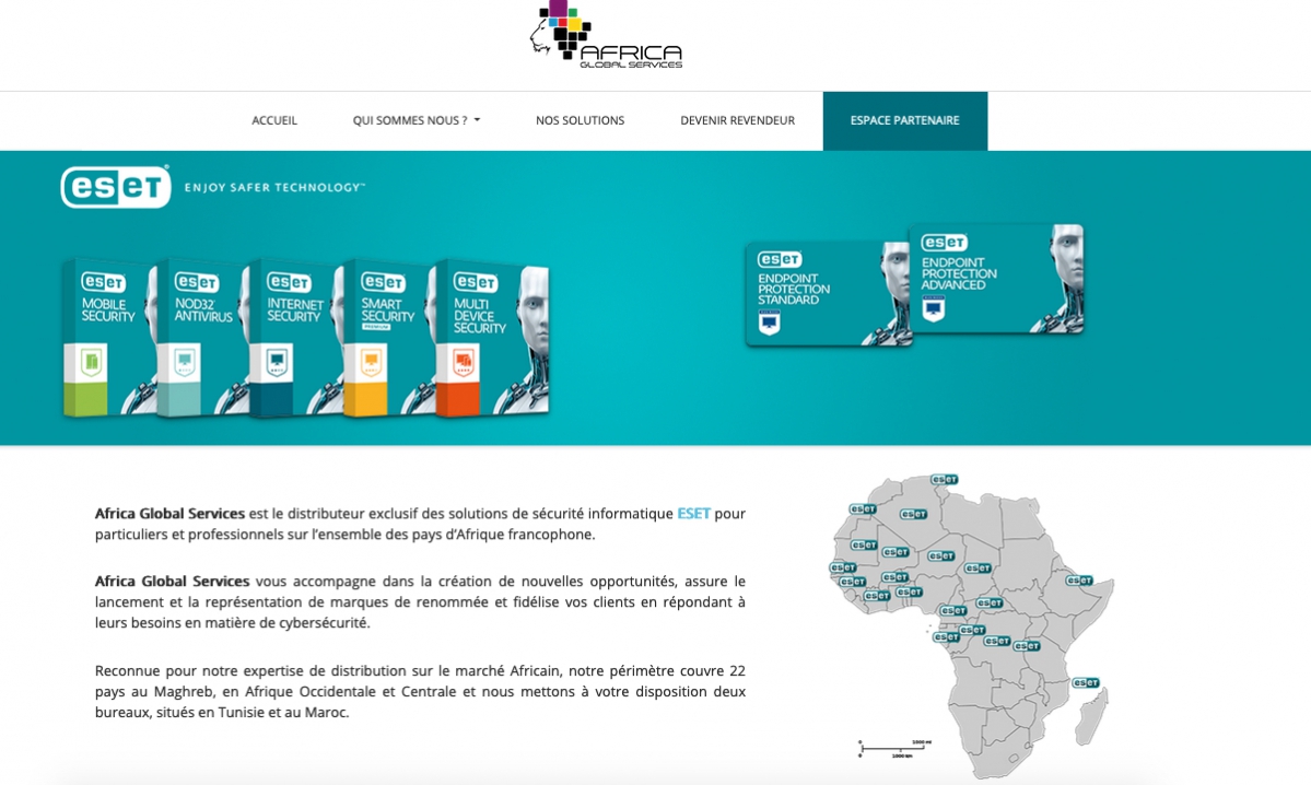 Distributeur exclusif des solutions de sécurité informatique ESET pour particuliers et professionnels en Afrique francophone, Africa Global Services, filiale de l'ESN francilienne Athena Global Services, couvre 22 pays sur le continent. - © Africa Global Services